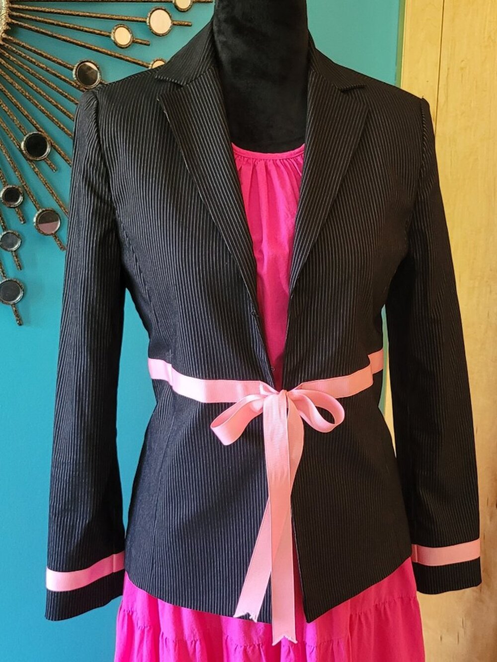 EUC! | Poleci Black Pinstripe Blazer with Pink Ribbon Trim | Size 6